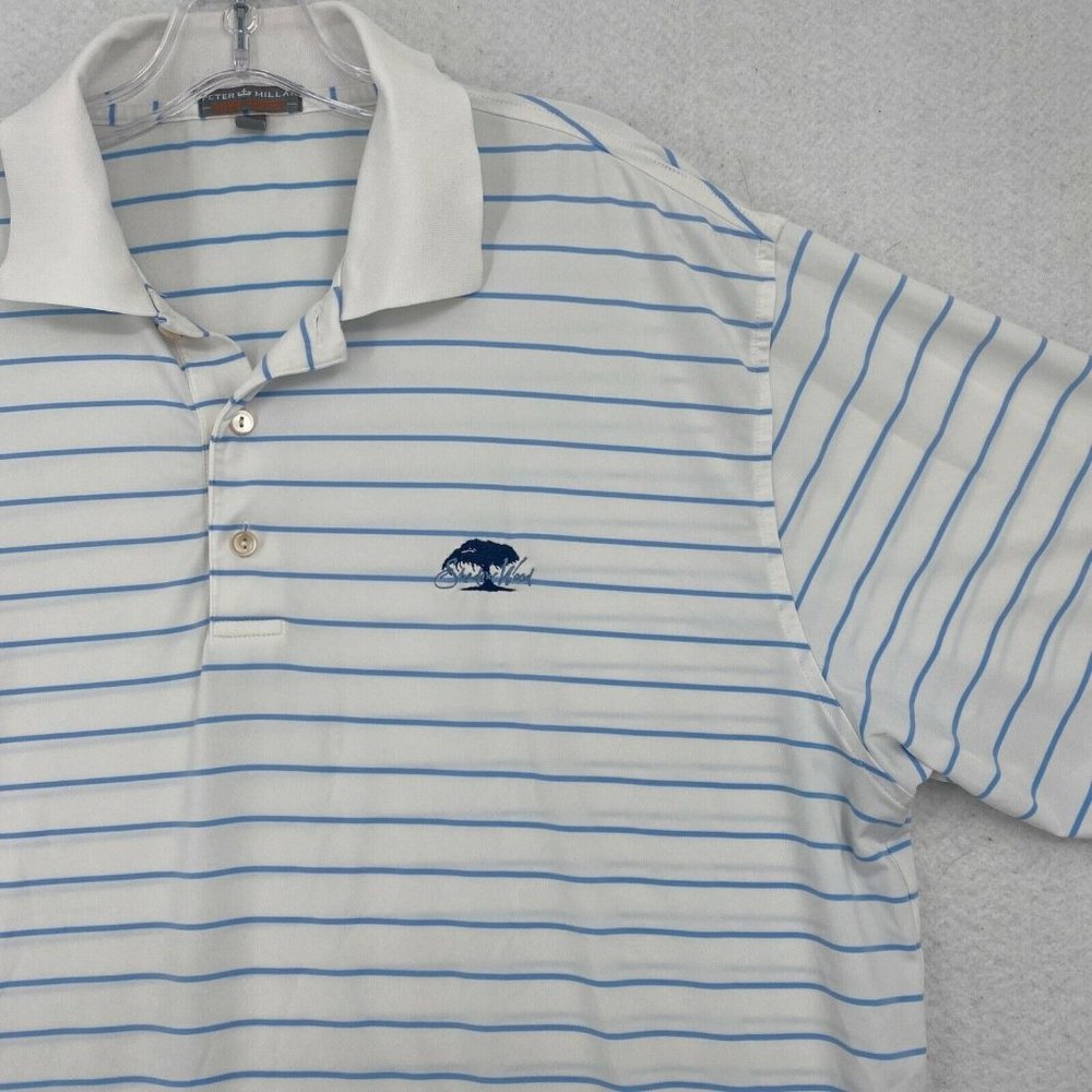 Peter Millar Summer Comfort Mens Large Golf Shirt Short Sleeve White Blue Stripe